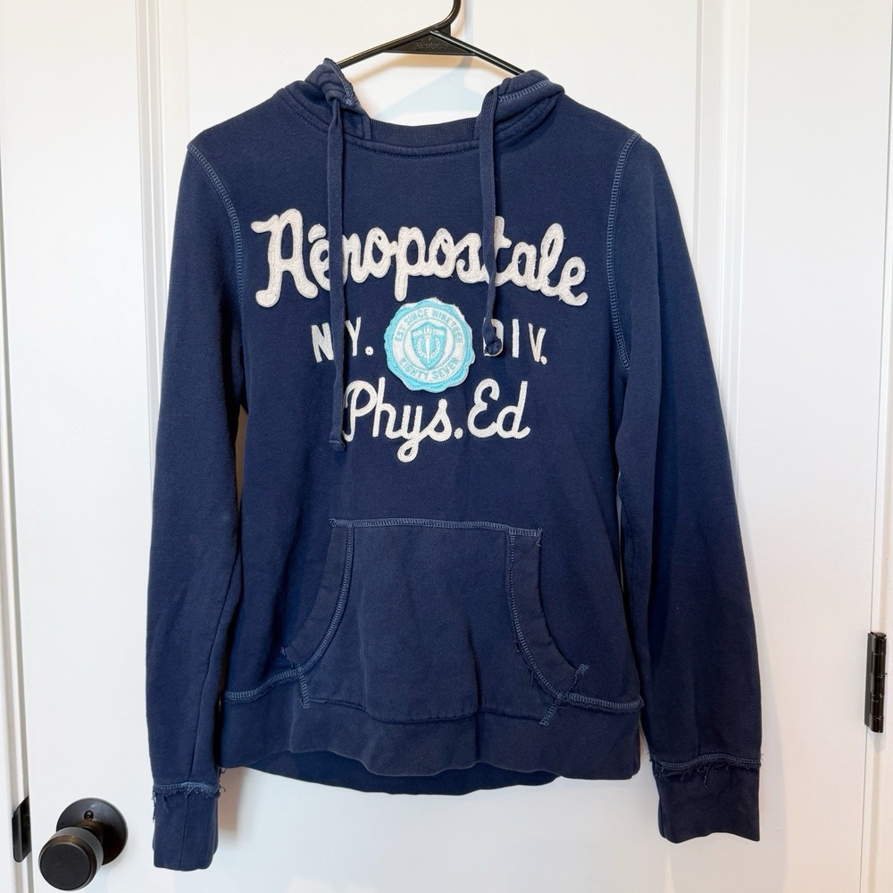 Aeropostale Womens Y2K Hooded Sweatshirt Large Navy Logo Spell out Grunge